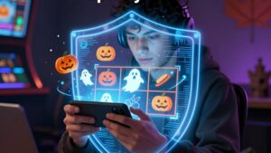 Canadian player using a smartphone with holographic spooky slots and a digital security shield