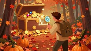 Explorer using a magnifying glass to find rewards for September 2026 Guide Autumnal Bonus Hunting